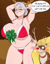 1girls antler_headband antlers bell_earrings bells big_breasts bikini bow brown_fur christmas christmas_2024 chubby chubby_female color colored dialogue gilf glasses green_eyes hair_bun hands_behind_head huff huffing implied_bestiality jingle_bell mrs._claus noxshade onomatopoeia presenting red_bikini red_nose reindeer rudolph rudolph_the_red-nosed_reindeer sagging_breasts saggy_balls solo_focus tan_fur text text_bubble white_hair