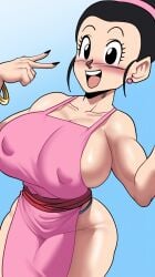 1girls ai_generated almost_naked apron big_breasts black_eyes black_hair chichi dragon_ball dragon_ball_super dragon_ball_z female large_breasts mature_female milf mullon naked_apron novelai voluptuous voluptuous_female wide_hips