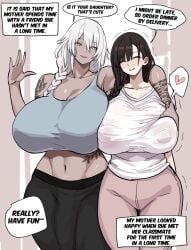 1futa 1girls big_ass big_breasts big_penis breasts bulge bulge_down_leg bulge_through_clothing cameltail clothed comic_page dark-skinned_futanari dickgirl fully_clothed futanari grabbing_breasts huge_breasts huge_cock looking_at_viewer ntr_pose pants penis shaking speech_bubble tagme tattoo text text_bubble xipa