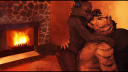 2015 anthro black_eyes black_fur black_nose black_stripes black_tail blue_sclera borsig canine claws closed_eyes depth_of_field detailed_background digital_painting_(artwork) duo embrace erection feline fire fireplace fur furry hand_on_back hug indoors intimate letterbox male mammal mistletoe multicolored_fur nude oouna penis pink_penis plant romantic romantic_couple sitting strandwolf striped_fur stripes tiger two_tone_fur white_fur white_tiger wolf yaoi