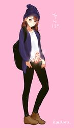 1futa artist_name backpack bag beanie black_eyes brown_hair censored clothing erection full_body futa_only futanari haidara hat highres intersex looking_at_viewer original pants penis pink_background pointless_censoring solo standing tomboy