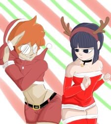 2girls ambers_(synisterstrokes) antler_headband antlers ass_bump christmas christmas_outfit dress ginger glacey_(synisterstrokes) glasses hip_bump red_hair santa_hat shorts synisterstrokes tomboy young