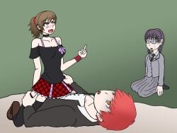 1boy 1boy2girls 2girls 2girls1boy actualtrashhuman akabane_karma alt_girl assassination_classroom bare_shoulders black_legwear black_stockings boots bra_strap brown_hair choker clothed_sex cowgirl_position crying cucked_by_crush cucked_by_friend cuckolding cuckquean forced_to_watch humiliation implied_penetration implied_sex jealous jealousy laughing middle_finger miniskirt mocking netorare off-shoulder_shirt off_shoulder okuda_manami plaid_skirt pleasure_face pleated_skirt ponytail red_skirt reverse_netorare sadistic scrunchie skirt slender_body straight taunting thigh_highs watching yada_touka