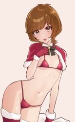 1girls bikini blush brown_eyes brown_hair edit female looking_at_viewer navel open_mouth santa_bikini santa_costume short_hair smile solo teenager white_background yakishioman yu-gi-oh! yu-gi-oh!_vrains zaizen_aoi