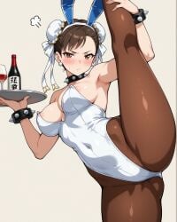 1girls ai_generated alcohol annoyed areola_slip armpits blush breasts brown_eyes brown_hair bun_cover bunny_ears bunny_girl bunnysuit chun-li closed_mouth covered_navel double_bun fake_animal_ears fake_rabbit_ears female gluteal_fold hair_bun holding_leg leotard looking_at_viewer pantyhose perky_breasts playboy_bunny simple_background solo spiked_bracelet spiked_collar standing standing_split street_fighter thighs tray