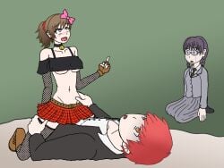 actualtrashhuman akabane_karma alexis_woodrider_(cosplay) aqua_eyes assassination_classroom bare_midriff bare_shoulders bell_collar belt black_topwear boots brown_hair choker clothed_sex cowgirl_position crop_top crying cucked_by_friend cuckolding cuckquean fingerless_gloves fishnet_legwear fishnet_stockings fishnets freckles gradient_hair groin hairbow humiliation implied_penetration implied_sex jealous jealousy lace-up_boots laughing long_hair middle_finger midriff miniskirt mocking navel nerdy_female netorare off-shoulder_shirt okuda_manami plaid_skirt pleasure_face pleated_skirt ponytail red_skirt revealing_clothes reverse_netorare scrunchie skimpy_clothes skinny_female skirt slutty_outfit straight studded_belt tartan_skirt taunting underboob watching y2k yada_touka