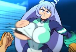 1boy1girl 1girls ai_generated angry battle blurry bodysuit breasts_bigger_than_head female fight hadou_nejire huge_breasts imminent_defeat imminent_rape long_hair mullon my_hero_academia nejire_hado novelai pov purple_eyes purple_hair superheroine top_heavy villain