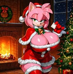 ai_generated amy_rose bell christmas christmas_outfit christmas_tree condom_wrapper dress fireplace gloves green_eyes huge_breasts pink_fur pink_hair santa_hat seductive_look snow sonic_(series) sonic_the_hedgehog_(series) stable_diffusion wreath