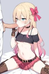 actualtrashhuman ai ai_generated alexis_woodrider alt_girl aqua_eyes bangs bare_midriff bare_shoulders barely_clothed belt beltskirt black_topwear blonde_hair blonde_to_pink_hair blowjob blush boots bow_in_hair choker clothed_sex crop_top fellatio fingerless_gloves freckles gradient_hair groin hairbow lace-up_boots long_hair midriff miniskirt multicolored_hair navel off-shoulder_shirt pleated_skirt punk_girl red_skirt revealing_clothes skimpy skimpy_clothes skirt studded_belt tartan_skirt two_tone_hair underboob wavy_hair y2k