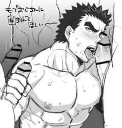 4boys abs akihiro_altland bara blush fellatio group_sex gundam handjob licking male male_focus male_only monochrome multiple_boys muscle muscular nipples open_mouth orgy pecs penis_grab saliva steam sweat tongue tongue_out yaoi