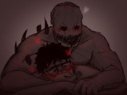 2boys anal blush dead_by_daylight dwight_fairfield gay gay_sex glasses hand_covering_mouth imminent_anal masked muscular_male on_top scars_on_chest the_trapper yaoi