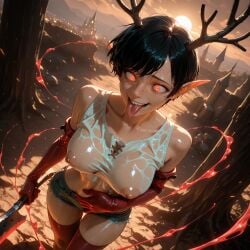 ai_generated antlers big_breasts black_hair breast_focus breasts breasts_between_arms crazy_eyes cum_in_mouth cumshot elf_ears eye_contact female handjob paizuri pixie_cut red red_eyes short_hair usebackdooronly zombiegamerist
