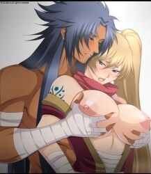 1boy 1boy1girl 1girls :o big_breasts blonde_hair blue_eyes blue_hair blush breast_grab crane_yuzuriha female gemini_defteros gold_saints groping groping_breasts ingridd88 long_hair male muscular open_mouth ponytail saint_seiya saint_seiya:_the_lost_canvas silver_saints size_difference spiky_hair tan_body underboob wrapped_arms