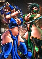 2girls big_breasts black_hair bluewolfartista breasts brown_eyes brown_hair commission cosplay crossover female female_only huge_breasts jade_(mk9) jade_(mortal_kombat) jade_(mortal_kombat)_(cosplay) kitana kitana_(cosplay) kitana_(mk9) large_breasts loincloth massive_breasts momo_yaoyorozu mortal_kombat mortal_kombat_9 multiple_girls my_hero_academia neckline ochako_uraraka puffy_nipples sexy thick_thighs thigh_highs thighhighs thighs uraraka_ochako wide_hips yaoyorozu_momo