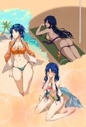 2girls ass ass_visible_through_thighs axia-chan bikini bikini_under_clothes blue_eyes blush breast_tattoo breasts chest_tattoo ciel_(tsukihime) cleavage collage commentary_request cropped_legs dual_persona elesia elesia_(tsukihime) eyewear_on_head highres large_breasts lips long_hair looking_at_viewer lotion lying michael_roa_valdamjong multiple_girls navel nose_blush on_stomach palm_tree possessed possession powered_ciel shadow short_hair sideboob sitting sparkle sunscreen swimsuit tan tattoo tree tsukihime unworn_bikini_bottom unworn_bikini_top very_long_hair wariza