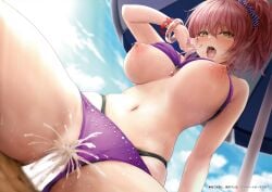 1boy bangle beach_umbrella bikini bikini_bottom_aside bikini_top_lift blush bracelet breasts clothes_lift clothing_aside cloud cum cum_in_pussy ejaculation fake_nails female flower_bracelet gem highres idolmaster idolmaster_cinderella_girls jewelry jougasaki_mika large_breasts layered_bikini navel nipples open_mouth outdoors pov purple_bikini sex skindentation sky solo_focus spread_legs straight suien swimsuit tongue umbrella vaginal_penetration