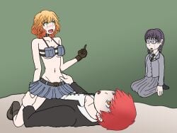 1boy 2girls actualtrashhuman akabane_karma assassination_classroom bare_shoulders belt bikini_top boots choker clothed_sex cowgirl_position crying cuckolding cuckquean female flat_stomach forced_to_watch gloves groin humiliation implied_penetration implied_sex jealous jealousy kurahashi_hinano laughing male medium_hair middle_finger miniskirt mocking navel nerdy_female okuda_manami orange_hair pleated_skirt revealing_clothes reverse_netorare skinny skirt slender_body straight taunting uniform watching wavy_hair