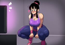 ai_generated big_breasts black_hair cameltoe chichi dragon_ball dragon_ball_super dragon_ball_z exercise female large_breasts mature_female milf mullon novelai single_hair_bun squatting tv watching watching_tv