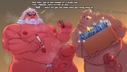 anthro balls bara bear beard ben_bigger big_daddy_(zenless_zone_zero) box brown_body brown_fur container duo english_text erection eyewear facial_hair facial_scar fur genitals hair hi_res huge_belly huge_cock humor kazhijun male male/male male_only mammal mihoyo missing_eye nude penis red_body red_fur scar suid suine sunglasses sus_(pig) text tusks vein veiny_penis white_hair wild_boar zenless_zone_zero