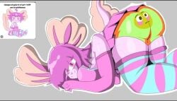 axolotl_humanoid bending_over blush_emoji breedable pink_body staring_at_viewer unknown_artist vitzy_(vitzypie) vitzypie