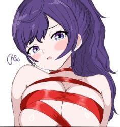 asahina_mafuyu big_breasts blush blush merry_christmas ponytail project_sekai purple_hair red_ribbon riaasberry