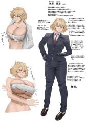 absurdres black_gloves black_pants blonde_hair breasts chest_sarashi clenched_teeth crossdressing female gloves highres huge_breasts mkktr necktie original pants red_necktie sarashi shirt short_hair standing teeth translation_request white_shirt