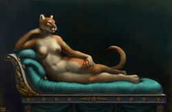 5_fingers alternate_version_at_source anthro aphrodite apple areola artist_name breasts chaise_lounge classical cougar cushion digital_media_(artwork) digital_painting_(artwork) digitigrade european_mythology felid feline female fine_art fine_art_parody fingers food fruit fur furniture genitals goddess greek_mythology green_eyes green_markings holding_apple holding_food holding_fruit holding_object inspired_by_formal_art looking_aside lying lynxwolf2 mammal markings navel nipples nude on_side pillow plant public_domain pussy reclining roman_mythology simple_background sofa solo tail tan_body tan_fur tassels venus_victorious venus_victrix_(artwork) whiskers