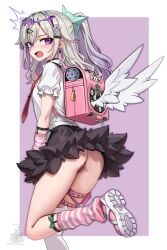 absurdres angels_of_delusion arm_warmers ass asymmetrical_legwear backpack bag bandaid bandaid_hair_ornament bar_censor black_choker black_skirt censored character_hair_ornament choker circlet collared_shirt colored_inner_hair commentary cosplay earrings english_commentary feather_skirt feathered_wings female from_behind grey_hair hair_flaps hair_ornament hairclip heart heart_hair_ornament highres hololive hololive_english jewel_under_eye jewelry koseki_bijou leg_warmers legwear_garter long_hair looking_at_viewer looking_back miniskirt mismatched_legwear multicolored_hair necktie no_panties open_mouth pink_arm_warmers pink_bag pink_hair pink_leg_warmers pink_shoes ponytail pouch purple_eyes pussy red_necktie school_bag shirt shoes short_sleeves single_thighhigh skirt sneakers solo striped_arm_warmers striped_leg_warmers sunna_(zenless_zone_zero) sunna_(zenless_zone_zero)_(cosplay) thigh_pouch thigh_strap thighhighs uneven_legwear unstableboiler virtual_youtuber white_shirt white_thighhighs winged_bag wings x_hair_ornament zenless_zone_zero