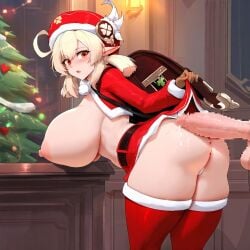 ass blonde_hair blush breasts censored christmas christmas_tree erection female genshin_impact gesture gigantic_breasts hat huge_ass huge_breasts imminent_sex klee_(genshin_impact) looking_at_viewer mosaic_censoring multiple_girls nipples panties penis penis_in_ass red_eyes red_legwear red_skirt santa_costume santa_hat skirt solo surprised thighhighs underwear