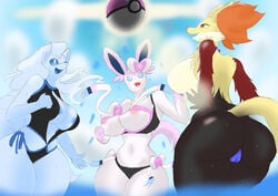 3girls alolan_ninetales areola_slip areolae artist_request ass back background ball bare_shoulders beach belly bikini black_fur blue_eyes blue_fur blue_hair bow breasts cameltoe canine cleavage delphox fox furry large_ass large_breasts long_ears long_hair looking_up love_ball multiple_girls multiple_tails navel ninetales nintendo nipple_slip nude open_mouth orange_fur outdoors pink_fur poke_ball pokemon pokemon_sm pokemon_xy red_eyes red_fur revealing_clothes ribbon sideboob sky smile standing swimsuit sylveon tail text thick thick_thighs thighs tongue water wet white_fur wide_hips