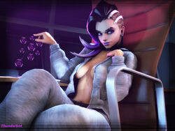 3d breasts cleavage female female_only generalthunderbat open_clothes open_shirt overwatch purple_eyes shirt solo sombra