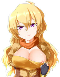 1girls akdt areolae big_breasts blonde_hair breasts cleavage female female_only large_breasts long_hair looking_at_viewer nipples purple_eyes rwby solo yang_xiao_long