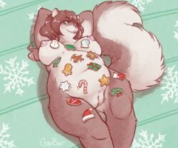 6:5 anthro belly big_belly big_breasts big_tail blue_eyes breasts brown_body brown_fur brown_hair christmas_cookies cookie female fluffy fluffy_tail food food_on_belly food_on_breasts fur gavbat genitals hair hands_behind_head mammal nude overweight overweight_anthro overweight_female pussy rodent sciurid solo tail tree_squirrel