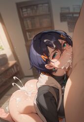 ai_generated belle_(zenless_zone_zero) blush cum cum_in_mouth cumming deepthroat deepthroat_no_hands hypet looking_at_viewer video_game_character zenless_zone_zero