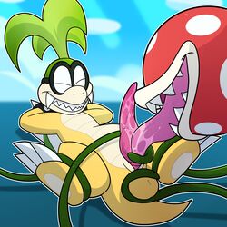 1boy 1other 2017 blitzdrachin bondage bound chibi claws cum cute dicksucking_creature dragon eyewear fellatio flora_fauna glasses iggy_koopa koopa koopaling lying male male_focus mario_(series) nintendo on_back oral penis piranha_plant plant saliva scalie sex shell smile spread_legs spreading tentacle testicles vines