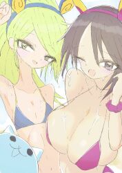 2girls bikini blue_bikini breasts brown_hair cat_(battle_cats) flat_chest galaxy_gals giraffe_one6006 green_eyes green_hair grey_eyes headband huge_breasts large_breasts light_skin long_hair looking_at_viewer nipple_bulge nyanko_daisensou purple_bikini smile smiling_at_viewer sweat the_battle_cats thundia waist_up windy_(battle_cats)