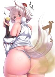 animal_ears ass bare_shoulders big_ass big_butt blush blush_lines brown_eyes butt digital_media_(artwork) earmuffs eating embarrassed eyebrows_visible_through_hair fart fart_cloud female flying_sweatdrops food fundoshi hi_res highres holding_food huge_ass japanese_clothes long_gloves looking_at_viewer looking_back momiji_inubashiri pom_pom_(clothes) ring ring_on_finger shishi_juuroku short_hair simple_background smell stink stinky stinky_fart surprised sweat sweatdrop thick_thighs thighs tokin_hat touhou white_eyebrows white_hair white_tail wolf_ears wolf_girl