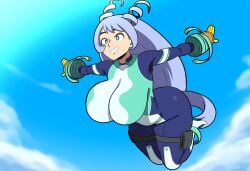 1girls ai_generated airborne bodysuit breasts_bigger_than_head female floating flying hadou_nejire huge_breasts long_hair mullon my_hero_academia nejire_hado nejire_hado_(hero_outfit) novelai purple_eyes purple_hair smile superheroine top_heavy