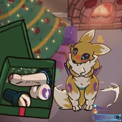 1:1 anus bandai_namco blush christmas digimon digimon_(species) embarrassed fur fur_markings genitals gift hi_res holidays intersex markings paws penis portal renamon tagme tail tail_motion tailwag trapknight