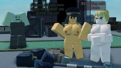 2girls 4th_wall_breaking _substitute_commander_(tower_defense_x) blonde_hair clothes_on_floor covering_breasts dark_hair embarrased_nude_female embarrassed fourth_wall light-skinned_female looking_at_viewer naked naked_female roblox roblox_game robloxian shocked_male slammer_(tower_defense_x) tagme talking_to_viewer tan_body tower_defense_x zombie