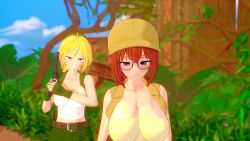 3d animated blonde_hair breasts brown_hair cock eri_kasamoto fio_germi floating_heart from_behind futa_on_female futanari glasses growing_penis gun hat huge_breasts jacket jungle koikatsu metal_slug miscsfmporn music partially_clothed pistol sound tagme video