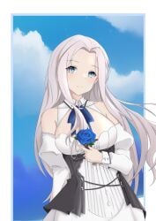 absurdres azur_lane blue_eyes blue_flower blue_rose blue_sky border breasts cleavage cloud cloudy_sky corset dress feathered_wings female flower highres holding holding_flower rose sky white_border white_dress wings x_xuuu~ yorktown_(azur_lane) yorktown_ii_(azur_lane)