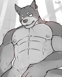 1boy abs anthro canine cum doberman glowing glowing_eyes male male_only mammal muscular muscular_male nipples pecs solo tokyo_afterschool_summoners wet xolotl