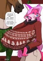 anthro big_ass breasts_bigger_than_head christmas christmas_outfit clothed_female denisse_(crackiepipe) erect_nipples furry_female furry_only horse huge_breasts mistletoe nails_painted pink_hair ruru-raida shy spanish_text sweater text