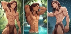 1boy abs ai_generated biceps brown_hair caucasian caucasian_male disney dreadlocks gay green_eyes human human_only jungle long_hair male male_only muscular muscular_male pecs qazsedc smooth_skin solo tan_body tan_skin tarzan_(1999_film) tarzan_(character)