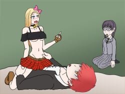 1boy 1boy2girls 2girls 2girls1boy actualtrashhuman akabane_karma alexis_woodrider_(cosplay) alt_girl assassination_classroom bare_midriff bare_shoulders bell_collar black_topwear blonde_hair boots choker clothed_sex cowgirl_position crop_top crying cucked_by_crush cucked_by_friend cuckolding cuckquean fingerless_gloves forced_to_watch gradient_hair groin hairbow humiliation implied_penetration implied_sex jealous jealousy lace-up_boots laughing long_hair middle_finger midriff miniskirt mocking nakamura_rio navel nerdy_female netorare off-shoulder_shirt okuda_manami plaid_skirt pleated_skirt public_sex punk_girl red_skirt revealing_clothes reverse_netorare sadistic skimpy skimpy_clothes skinny skinny_female skinny_legs skirt slender_body slutty_outfit studded_belt tartan_skirt taunting underboob watching y2k