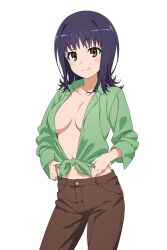 1girls ai_generated belly_button cleavage green_shirt itsuwa knotted_shirt light-skinned_female light_skin looking_at_viewer navel open_clothes short_hair smile solo_female to_aru_majutsu_no_index