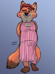 1boy 2017 3_toes anthro apron brown_fur bulge canine disney fox fur gideon_grey hands_behind_back male male_only mammal naked_apron nude one_eye_closed overweight plantigrade red_fur sexbad shaded slightly_chubby smile solo tenting toes whiskers wink zootopia