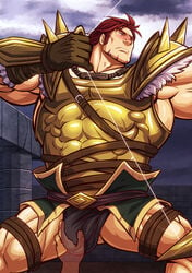 bara blush bulge crotch dorcas_(fire_emblem) facial_hair fire_emblem fire_emblem:_the_blazing_blade gloves groping male_only muscle red_hair solo_focus underwear zelo-lee