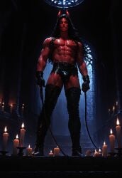 abs ai_generated biceps black_hair boots bulge cock deltoids demon devilworship handsome harness horns large_cock male male_nipples male_only nipples pants pecs red_body red_skin solo solo_male sweat sweaty sweaty_body vein veins veiny veiny_muscles